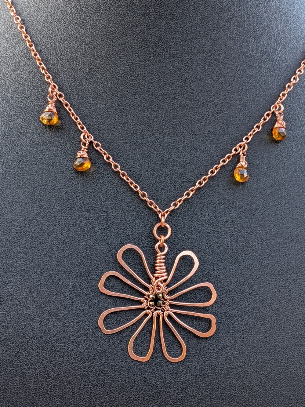 Adjustable Copper Flower Necklace Rare Cognac Quartz Gemstone Drops - Picture 2 of 16